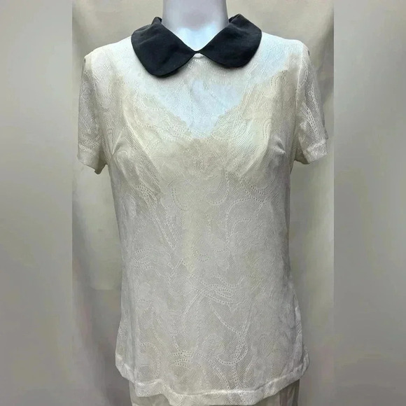 Wendy Katlen Peter Pan Collar Lace Cream Black Blouse Short Sleeves size Small - Picture 1 of 2